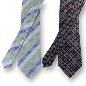 Kenneth Cole Reaction Men's Silk Necktie Bundle Pastel Mosaic And Dark Black Red